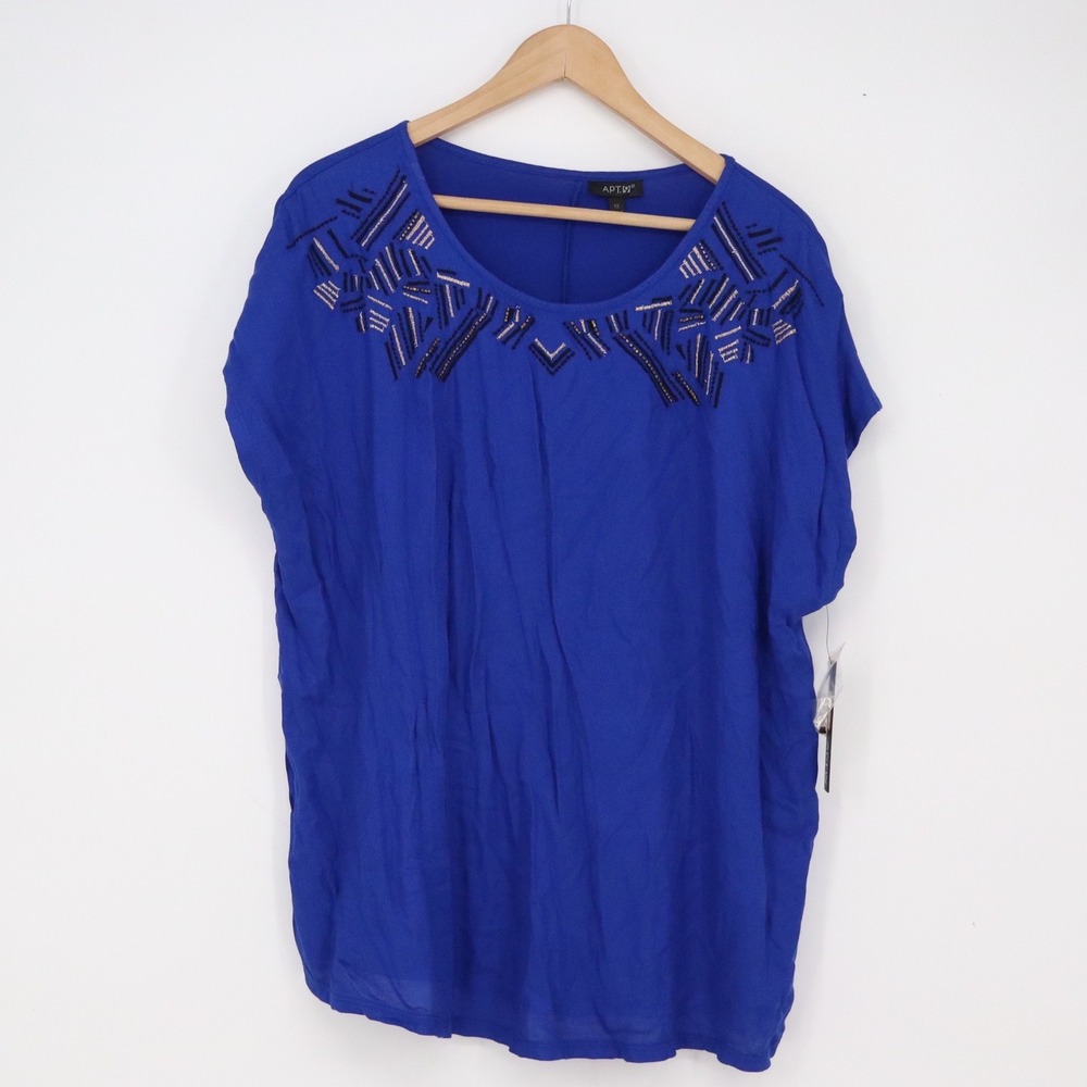Apt 9 Top Womens 1X Blue Beaded Embellished Slit Back NEW